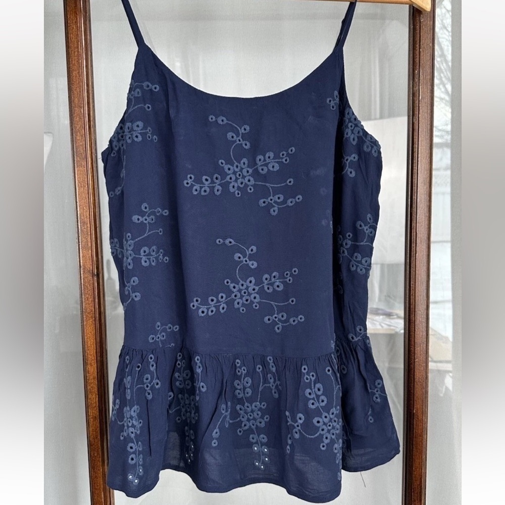 Maurices Size M Misses Sleeveless Top Eyelet Navy Blue Ruffle Lined Boho Peasant